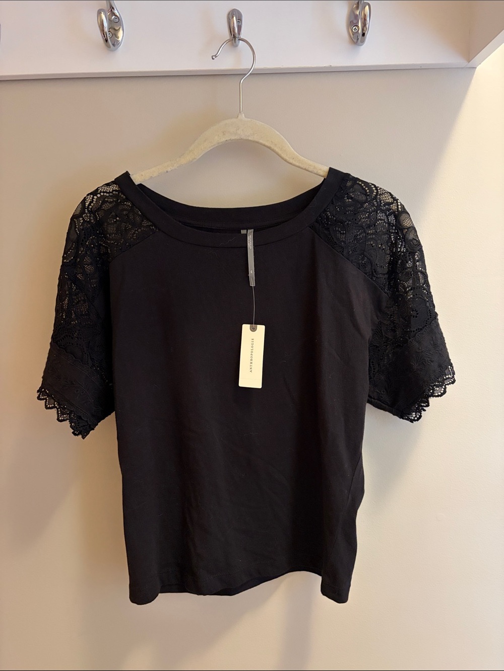 Anthropologie Black Short Sleeve Lace-Yoke Top